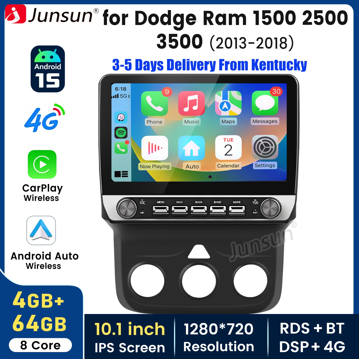10.1”Android 15 CarPlay 4+64GB Car Radio For Dodge Ram 1500 2500 3500 2013-2018