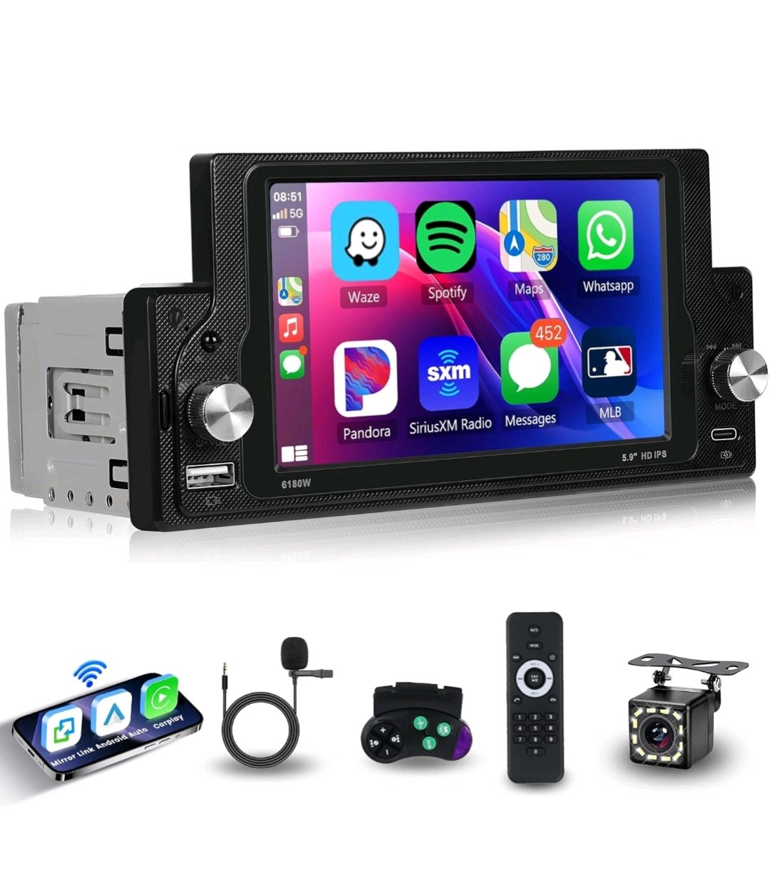 Single Din Car Stereo Wireless Carplay Android Auto 5.9 Inch IPS Touch Screen..