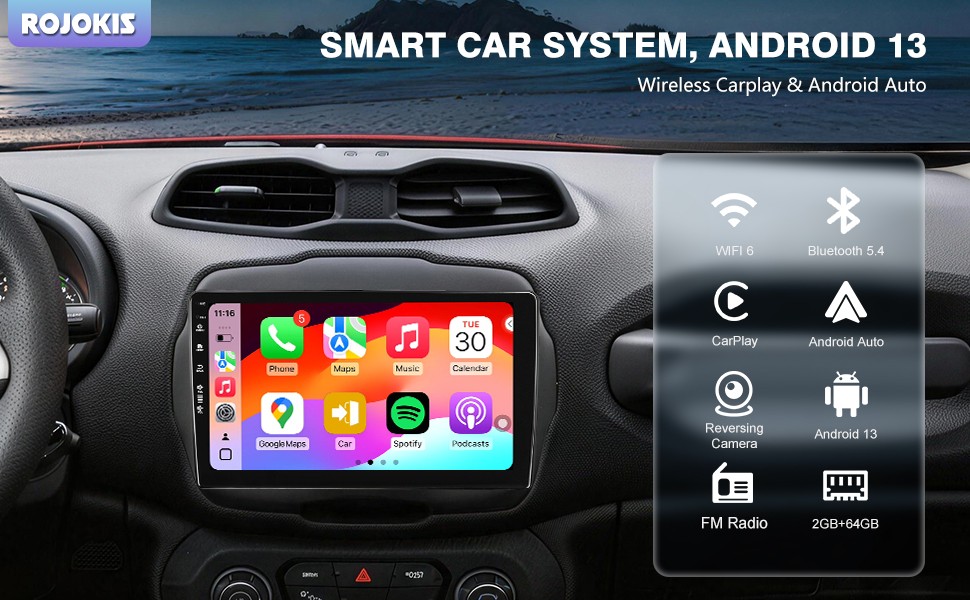 Car Stereo for Jeep Renegade 2015-2020 Wireless CarPlay/Android Auto WiFi 6, SWC
