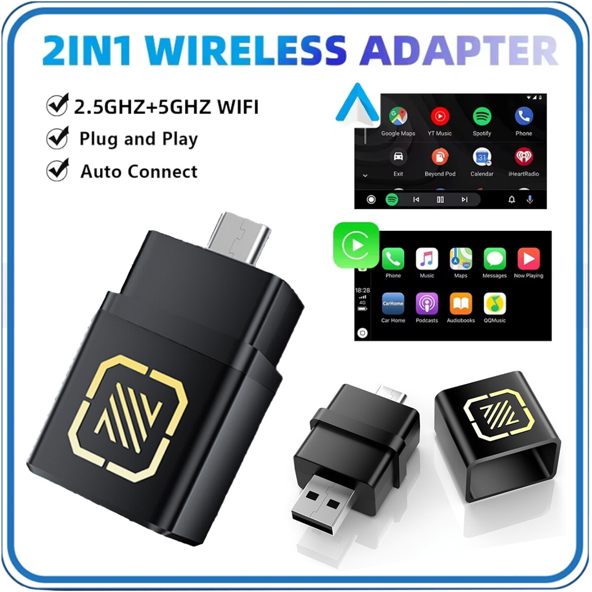 2 in 1 Wireless Apple Carplay Android Auto Adapter Mini USB & Type-C Dongle Box~