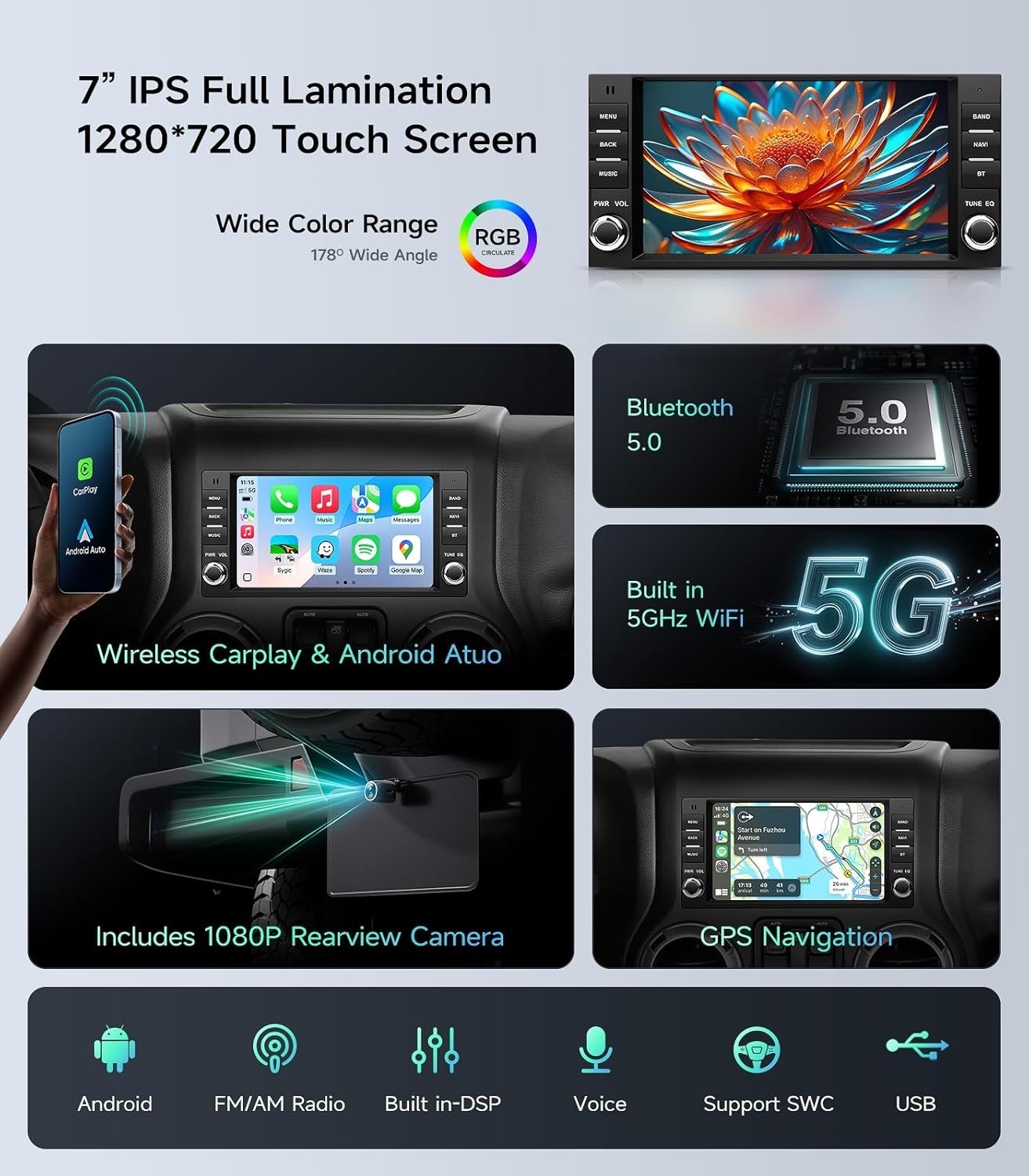 7 Dual Knob Car Radio Stereo FOR Jeep/Dodge/Chrysler WLCarPlay/Wired Android Au