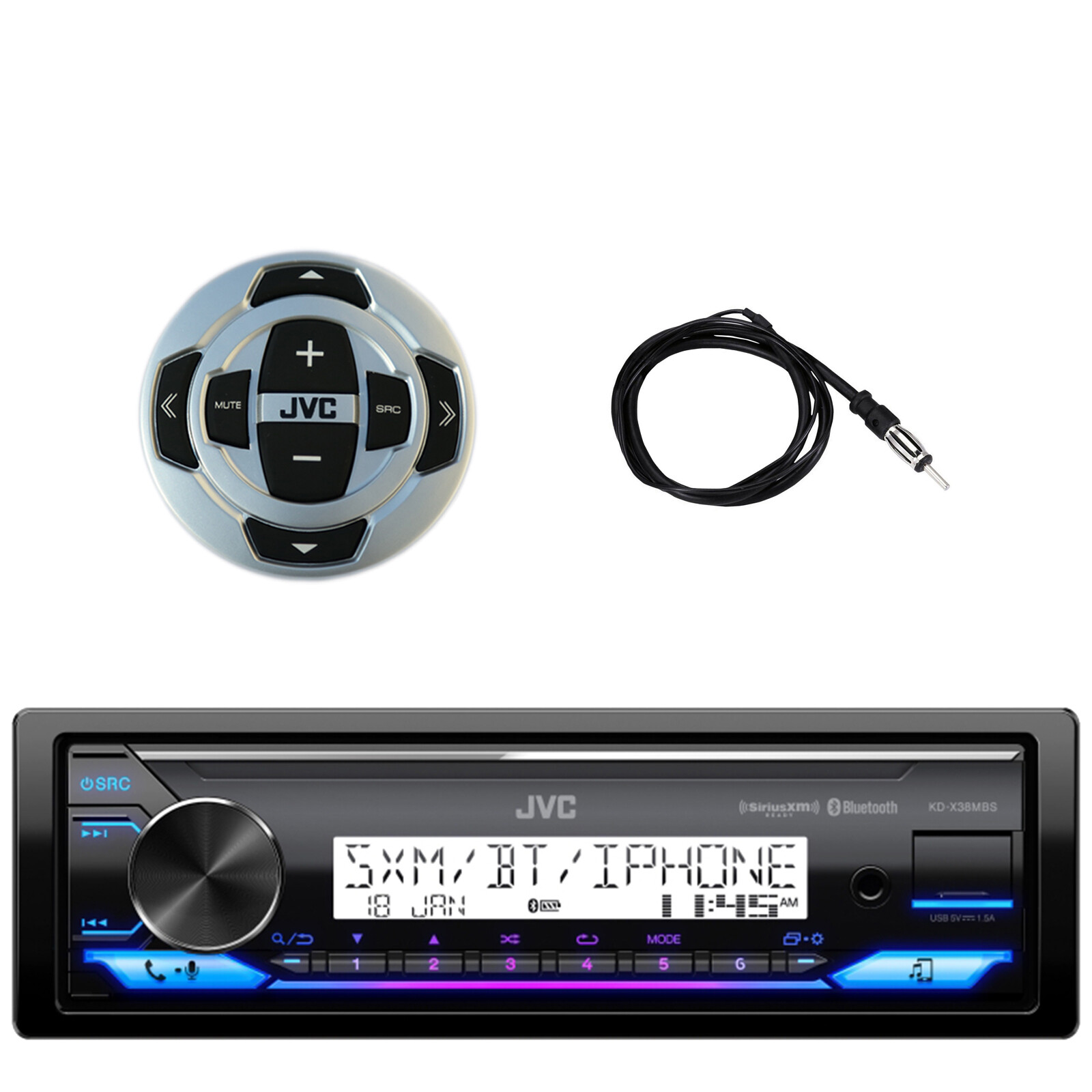 JVC KD-X38MBS Single DIN Marine Bluetooth USB Stereo Receiver w/ Remote, Antenna