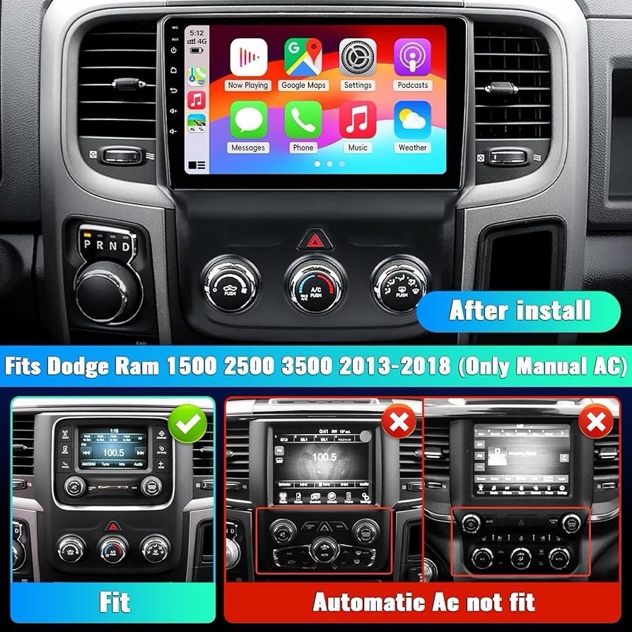 Car Radio Stereo for Dodge Ram 1500 2500 3500 2013-2018 with Manual A/C, CarPlay