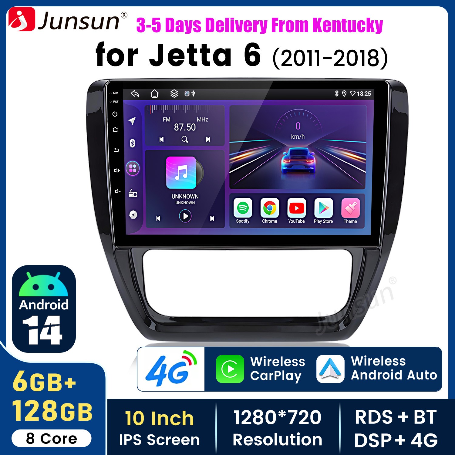 For Jetta 6 2011-18 6+128G 8Core Android14 Carplay Car Stereo Radio RDS GPS Navi