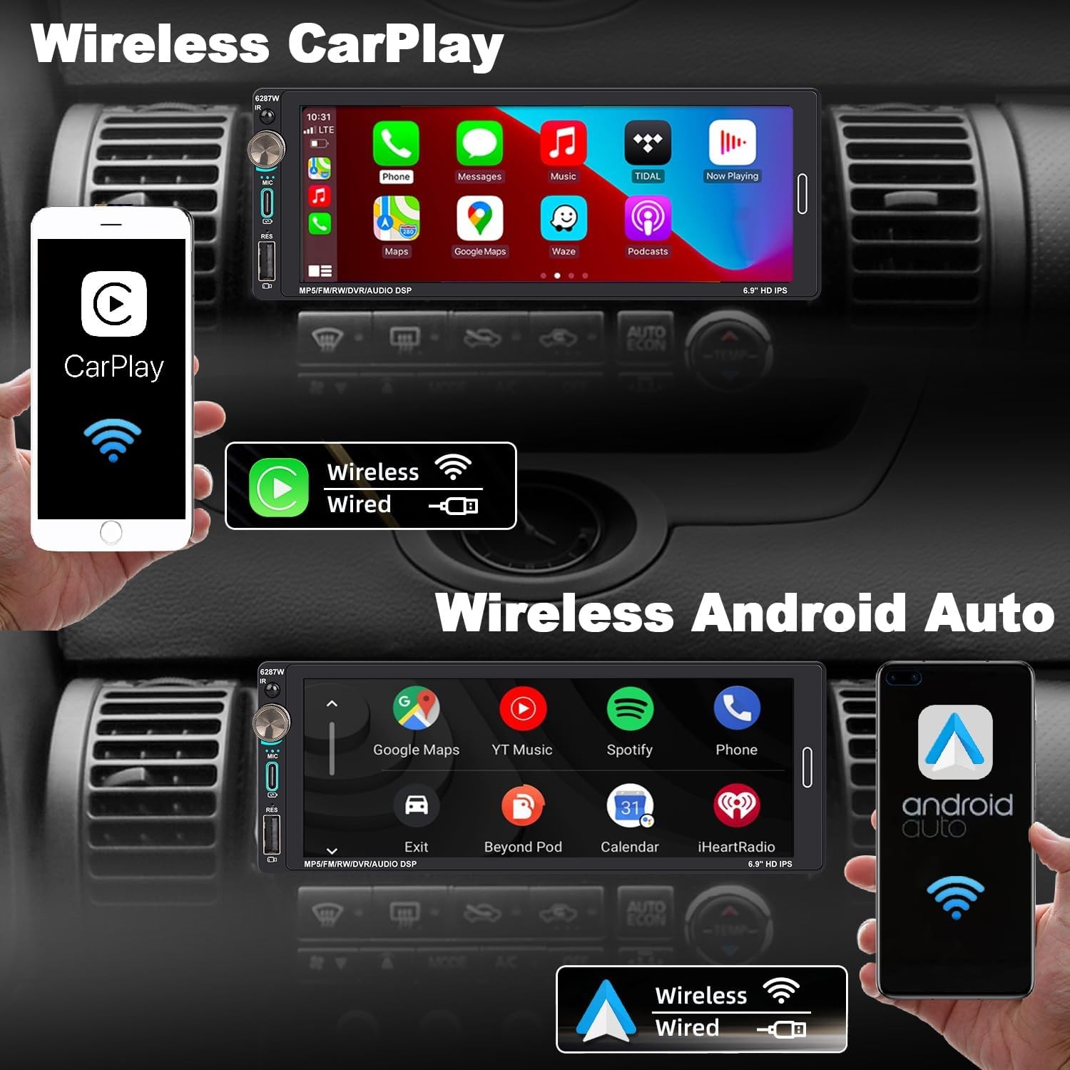 Single Din 6.9″Touch Screen Stereo Bluetooth Radio Car Apple/Android Carplay USB