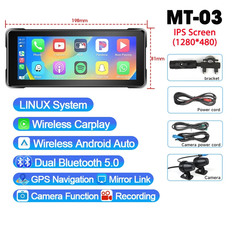 Motorcycle DVR IPX7 Waterproof Wireless Carplay Android Auto Display IPS Screen