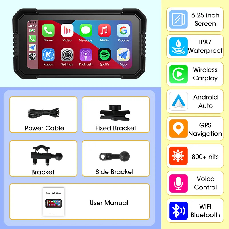Srnubi 6.25″ Portable CarPlay GPS Digital Moto Dashboard Waterproof Display