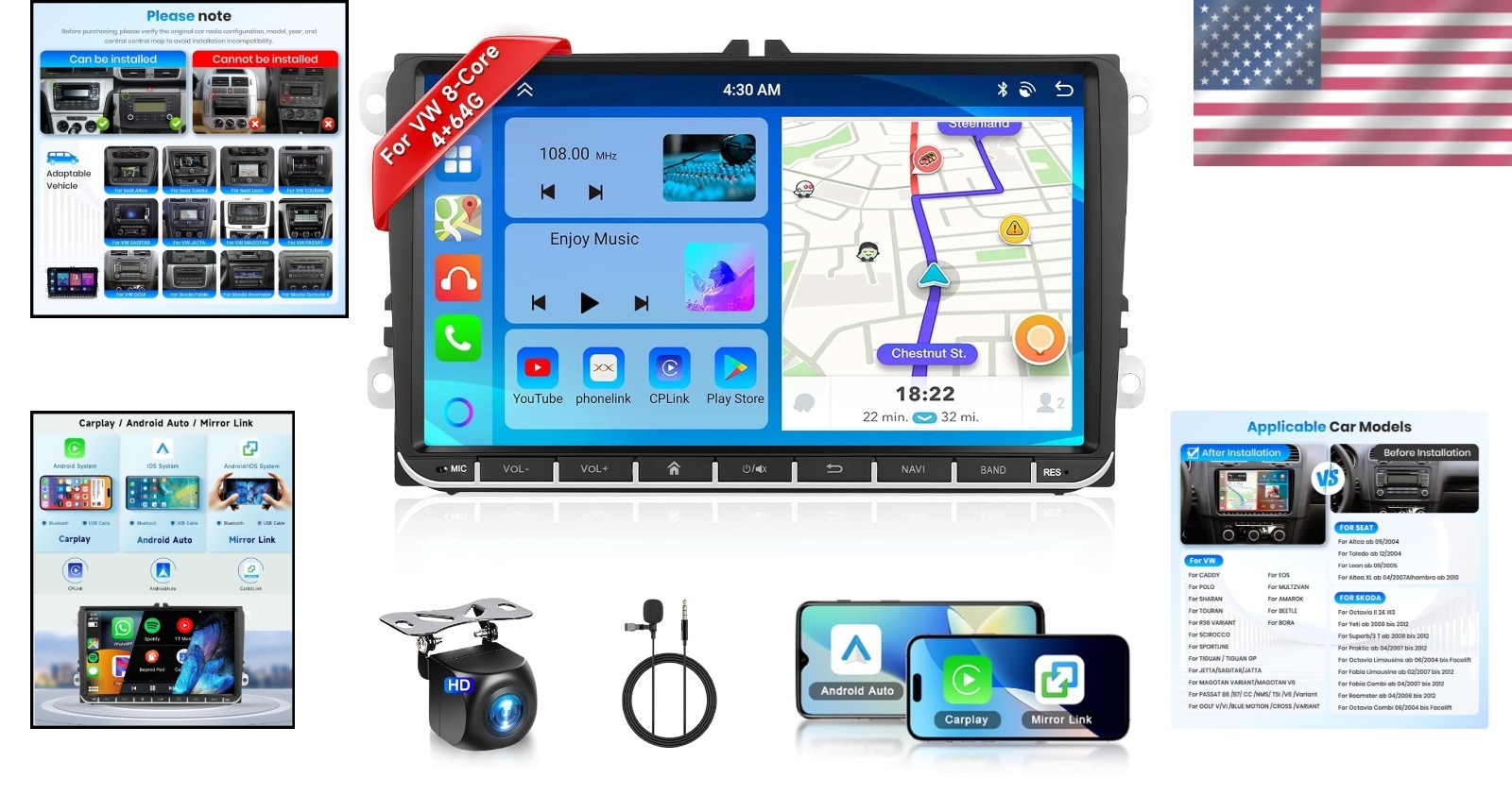 VW Passat Jetta Tiguan 8-Core Car Radio: Wireless CarPlay, GPS, HD Rear Camera