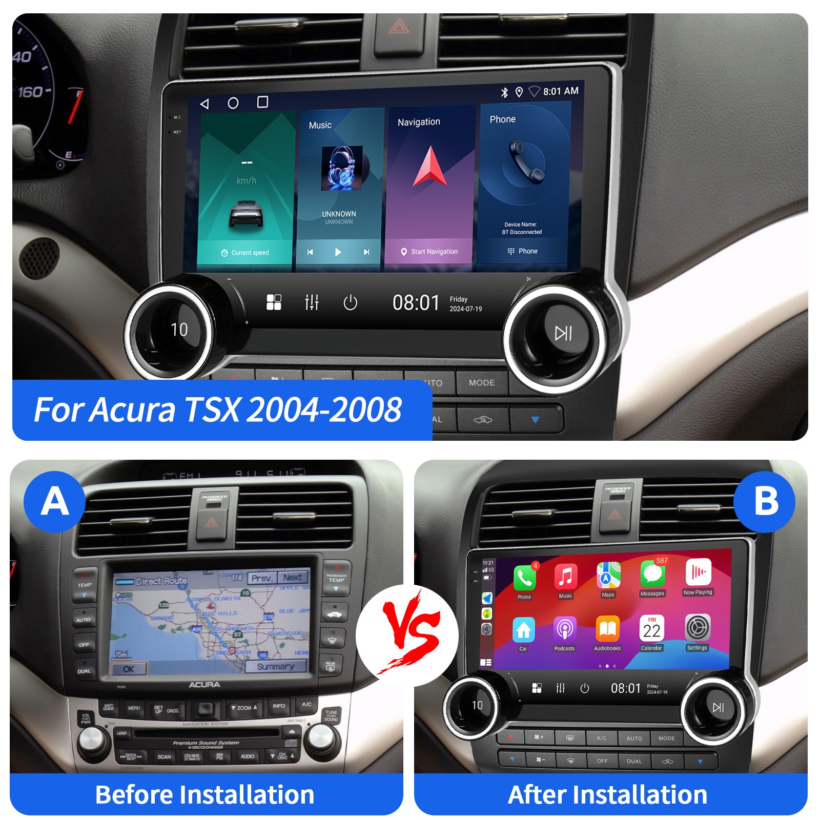 For Acura TSX 2004-2008 Car Stereo Radio Apple Carplay Android 15 GPS Navi AHD