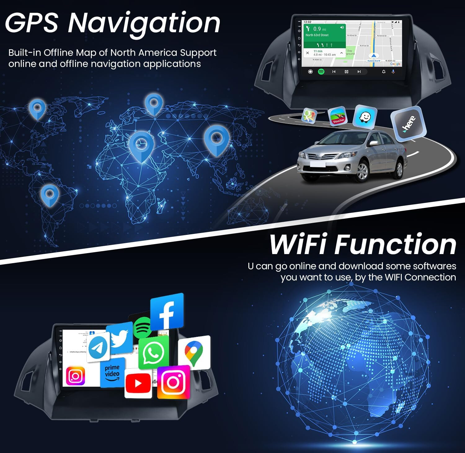 2+32GB For Ford Escape Kuga 2013-2016 Android 13 Car Stereo Radio GPS W/Camera