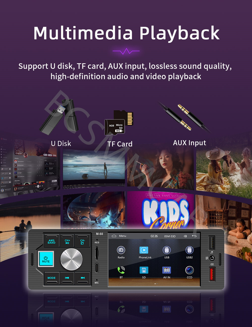 4.1in Car Radio Stereo Video Player 1 Din For CarPlay Android Auto TF/AUX/USB/FM