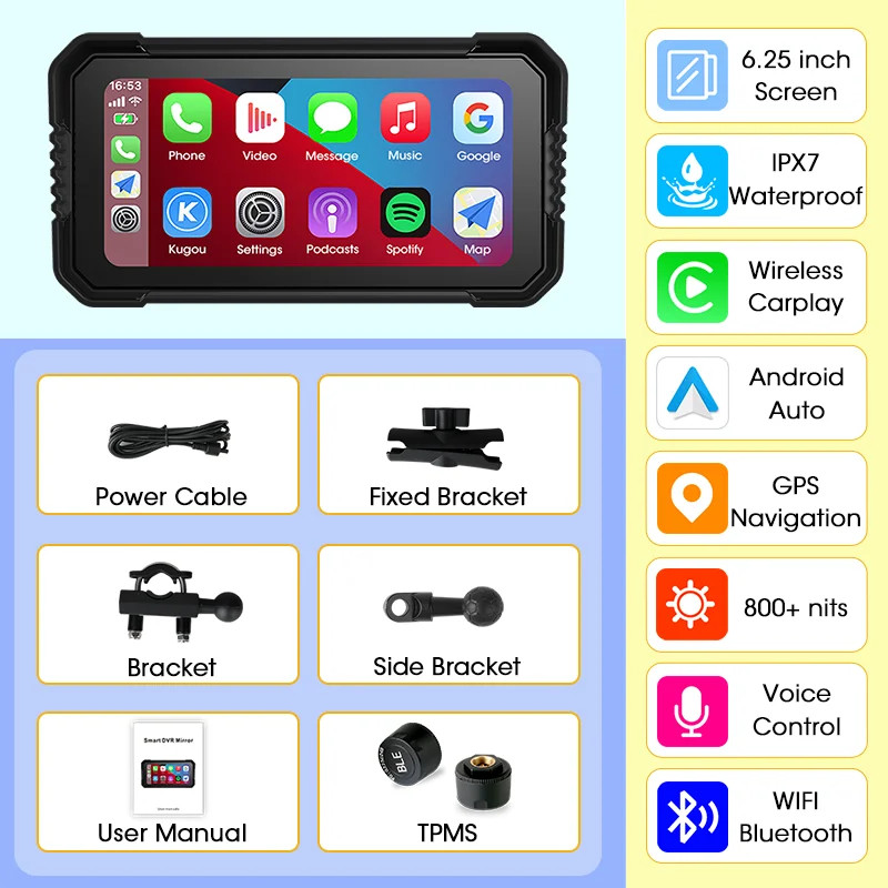 Srnubi 6.25″ Portable CarPlay GPS Digital Moto Dashboard Waterproof Display