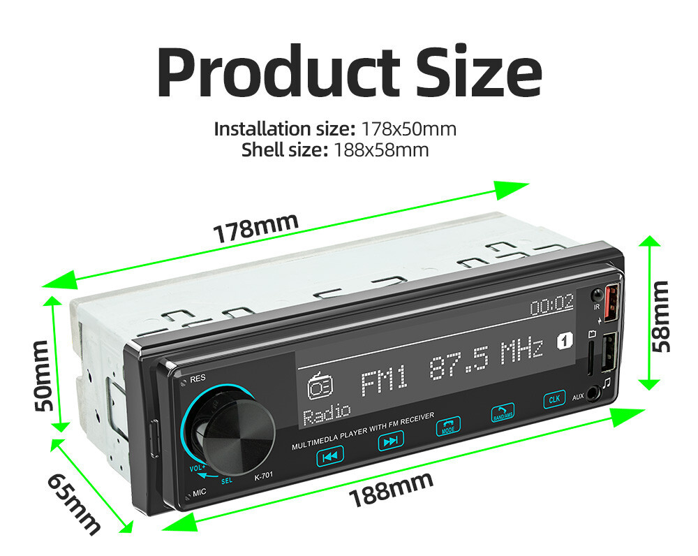 Car Radio Stereo 1 Din Bluetooth MP3 Player Touch Buttons FM/USB/AUX/TF W/Remote