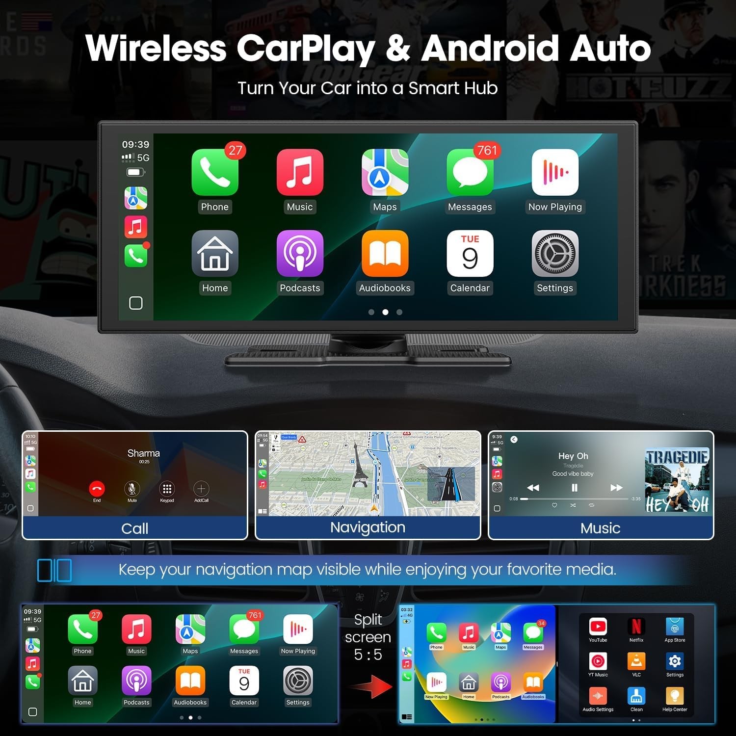 10.25″ Touch Screen Car Stereo Apple CarPlay Android Auto Portable with Net-Flix