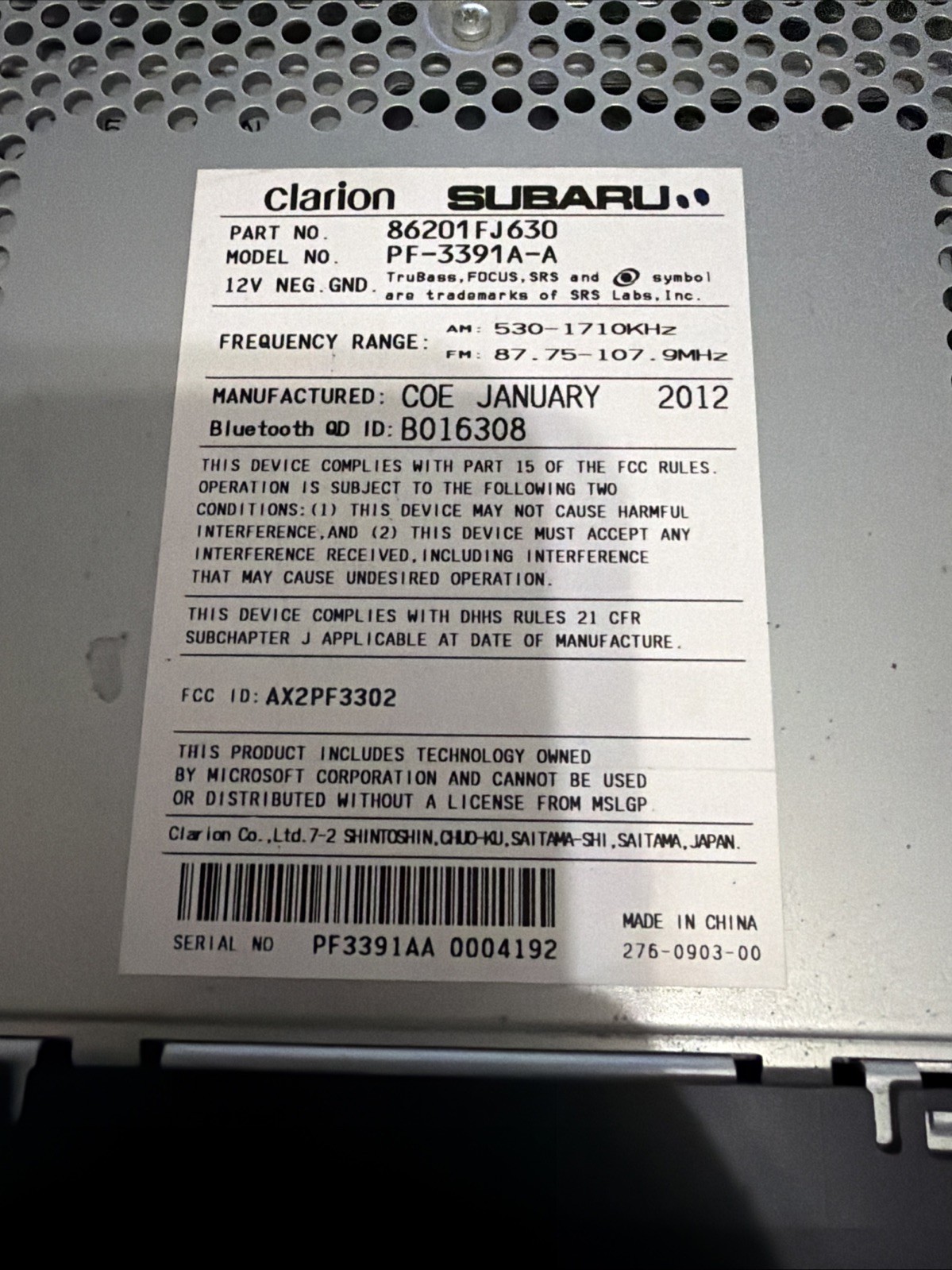 2012-2014 SUBARU IMPREZA RADIO/AM FM CD/AUX /MP3/HD BLUETOOTH OEM
