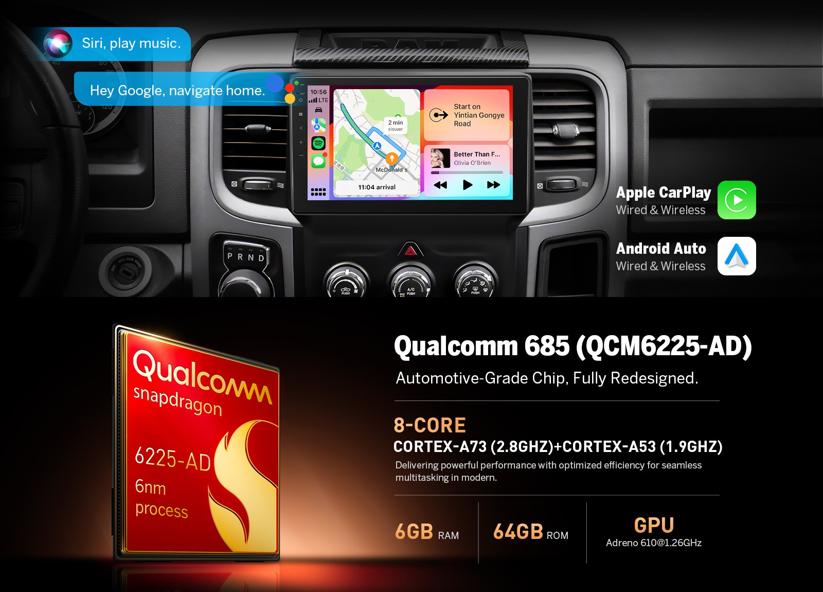 For RAM 1500 Classic 2019-2024 9″Android Auto QLED 6+64 Car Stereo Apple CarPlay