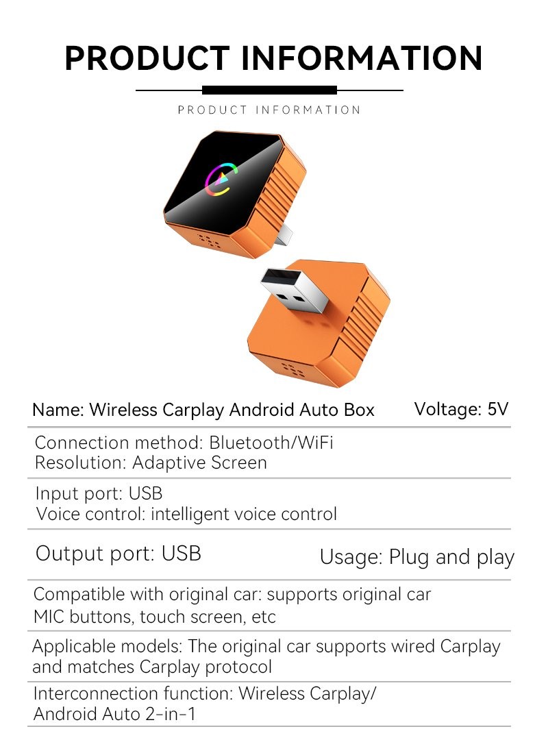 Wireless CarPlay Adapter for Apple iPhone & Android Auto USB Adapter Plug & Play