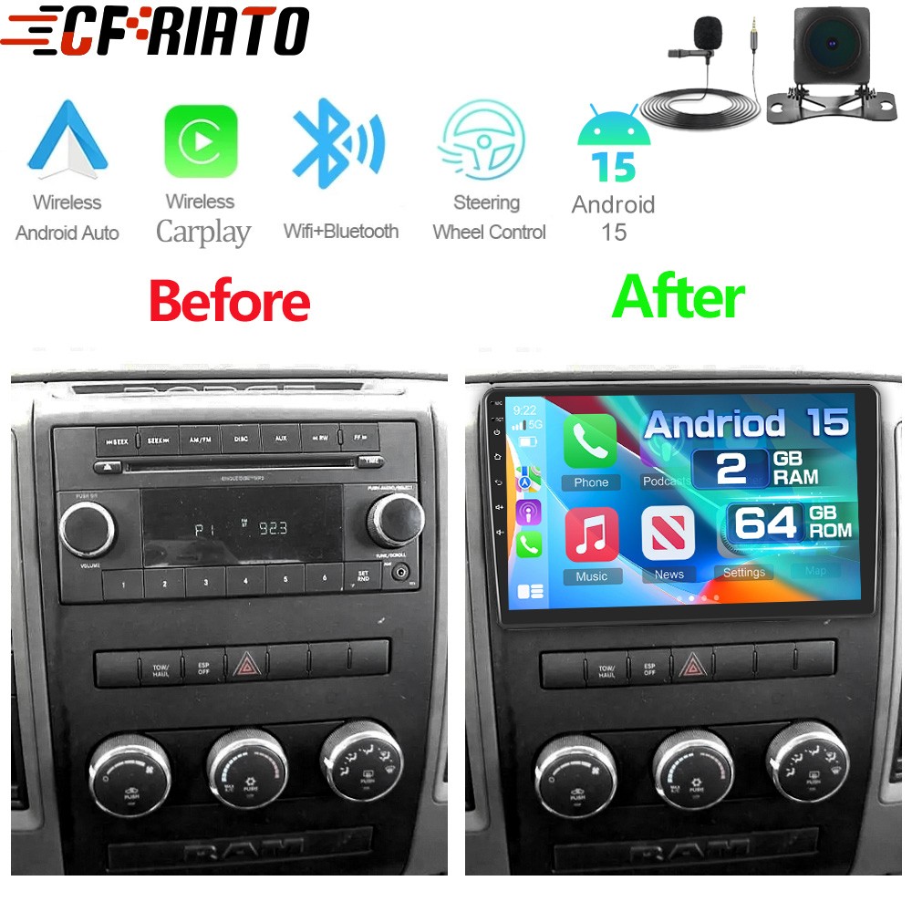 10″ Carplay For Dodge RAM 1500 2500 2009-2012 Android15 Car Radio GPS Stereo Cam