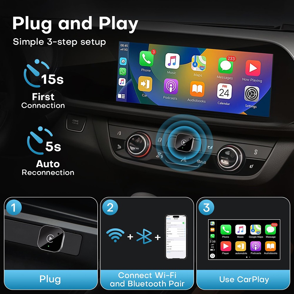 2026 USB Wireless CarPlay Adapter For iPhone Apple Wireless Dongle Plug＆Play US