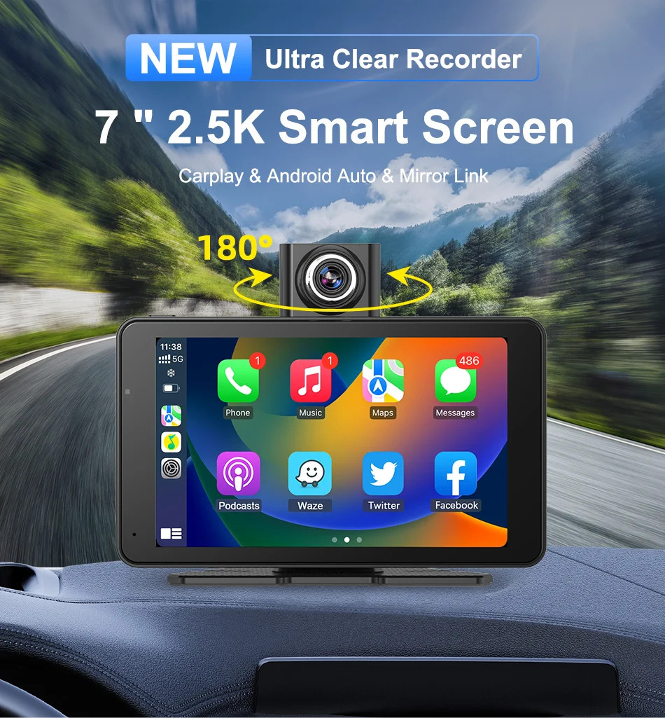 Jansite 7 Inch 2.5K Car DVR Wireless CarPlay Dash Cam GPS Vision Camera Mirror