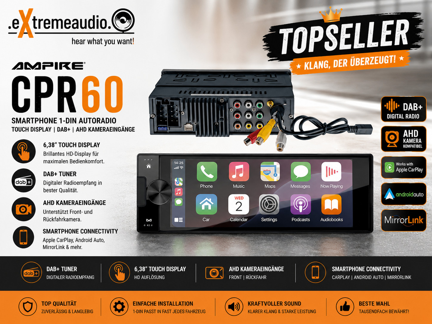 AMPIRE CPR60 Smartphone DAB+ Car Stereo AHD with Free DAB+ Antenna Splitter