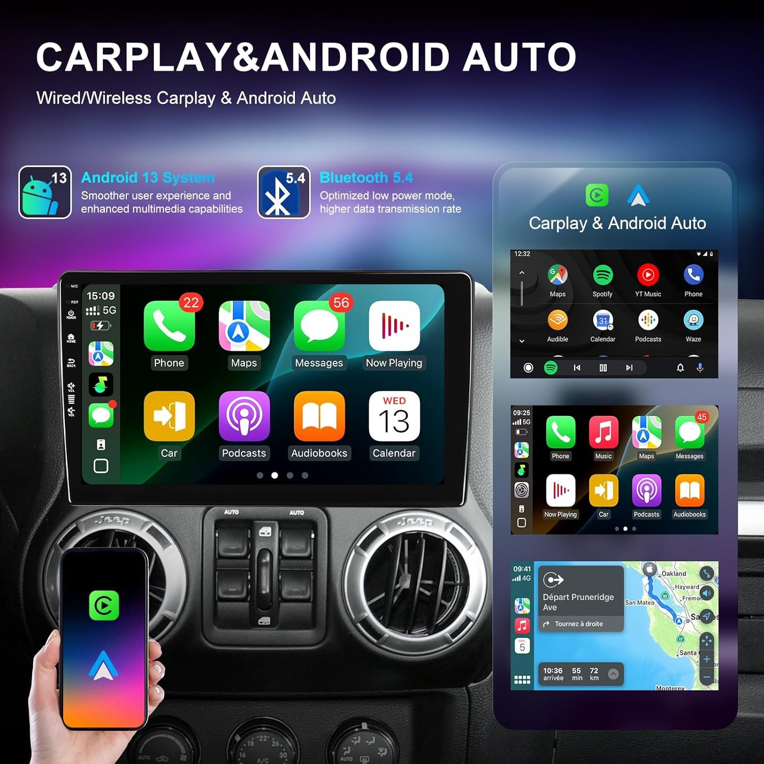 Car Radio Stereo Jeep Wrangler JK 2007-2018, Dodge Ram 2009-2012 CarPlay Andriod