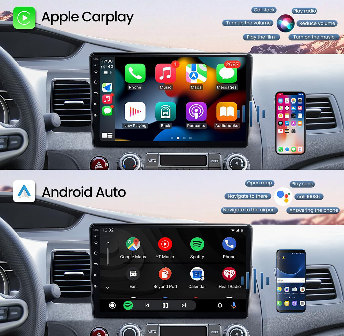Apple Carplay For Honda Civic 2006-2011 Car Stereo Radio Android 12 OS GPS Navi