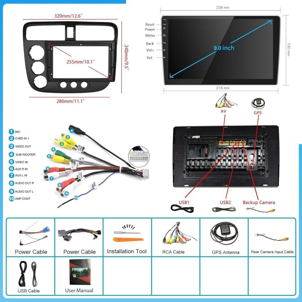 2+32G For Honda Civic 2000-05 Carplay 9” Car Stereo Radio Android15 NAVI FM RDS
