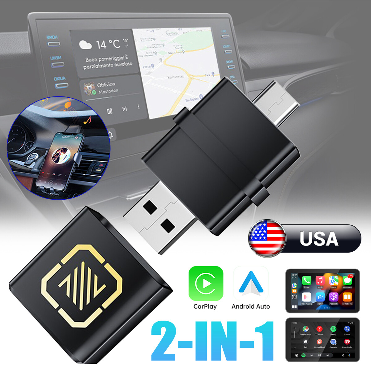 USB Type C Carplay Android Auto 2In1 Wireless Carplay Adapter, Wired To Wireless