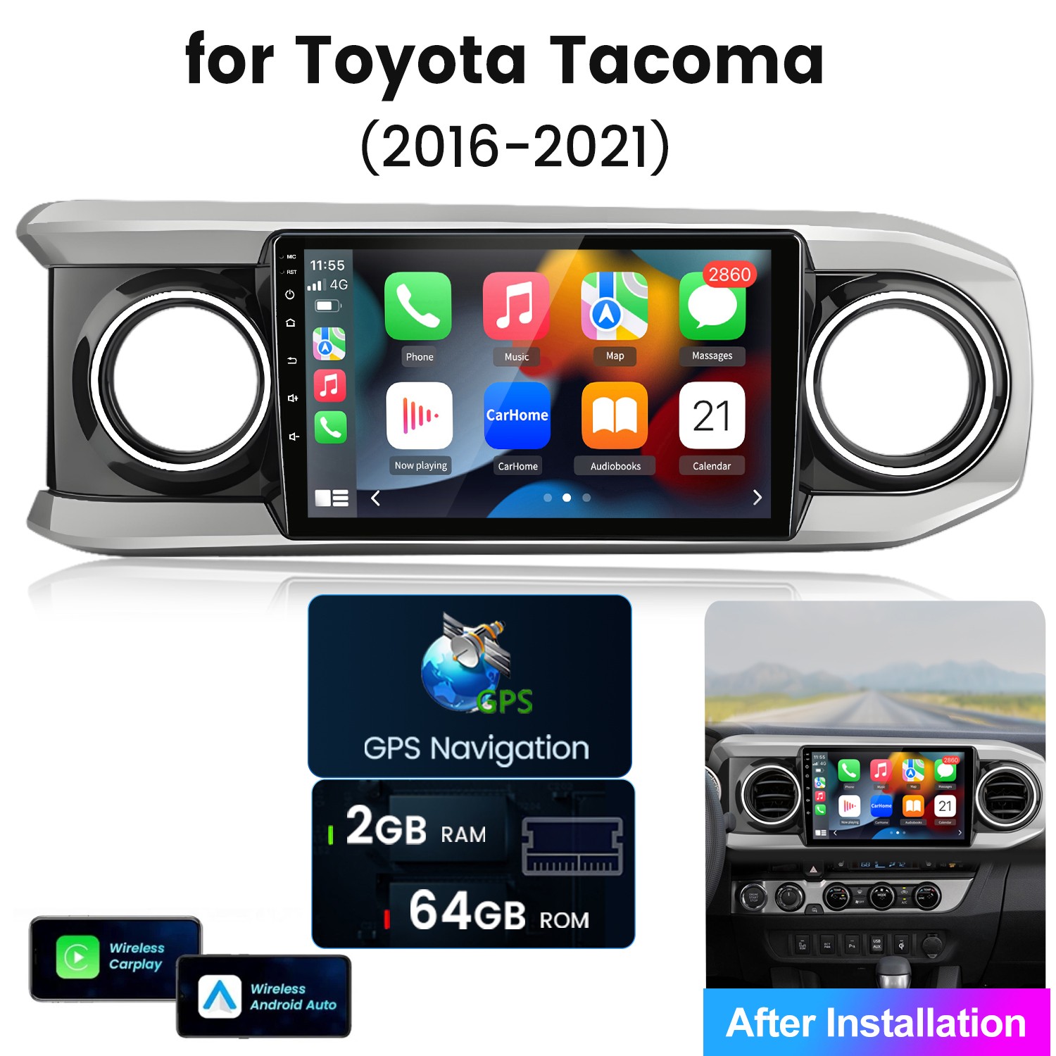 64G Android Car Stereo Radio For Toyota Tacoma 2016-2021 Carplay GPS Navi FM RDS