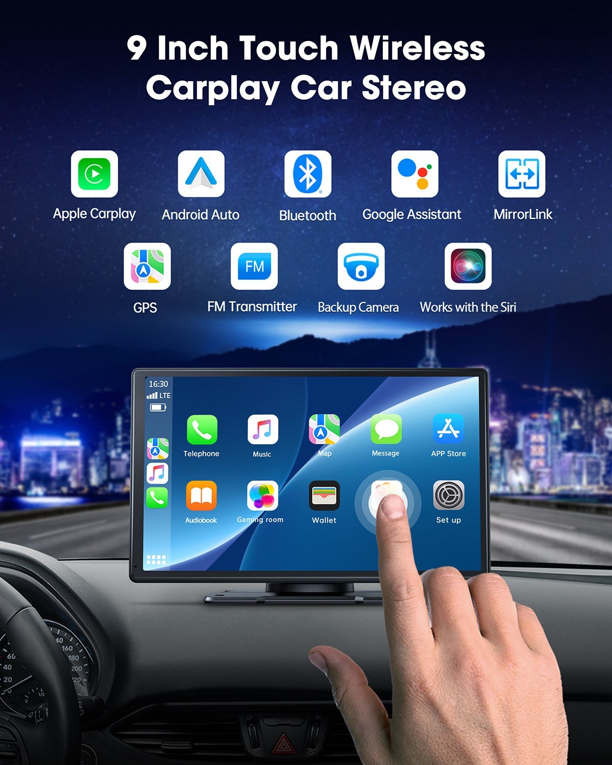 Portable Wireless Apple CarPlay and Android Auto 9″ IPS Touch Screen w/ Rear Cam