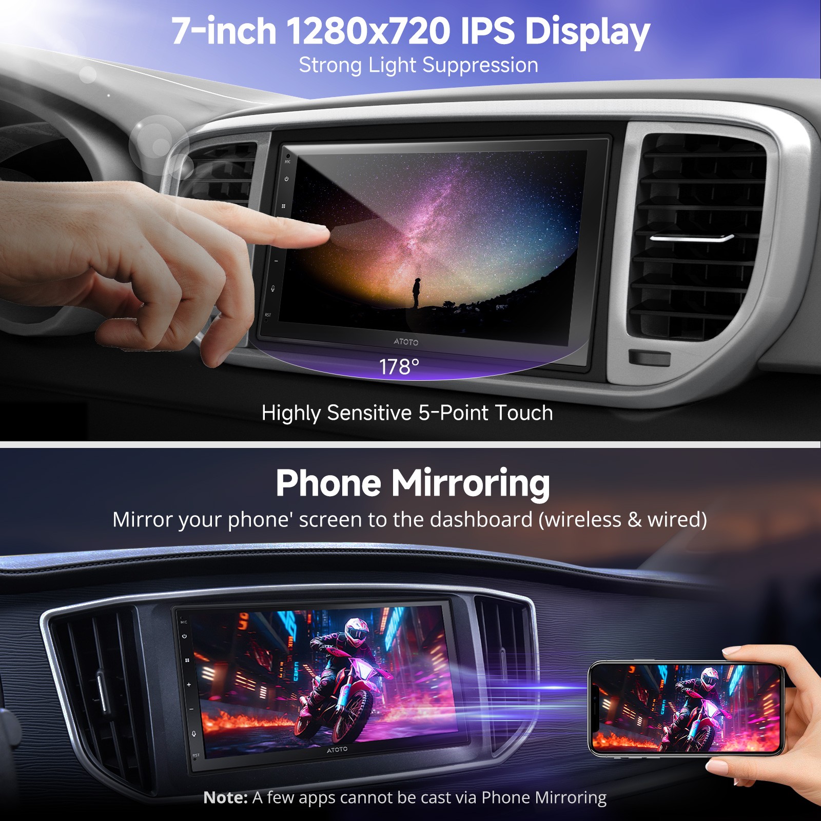 ATOTO 7″ Double Din Touchscreen Car Radio Wireless Carplay &Android Auto GPS+SWC