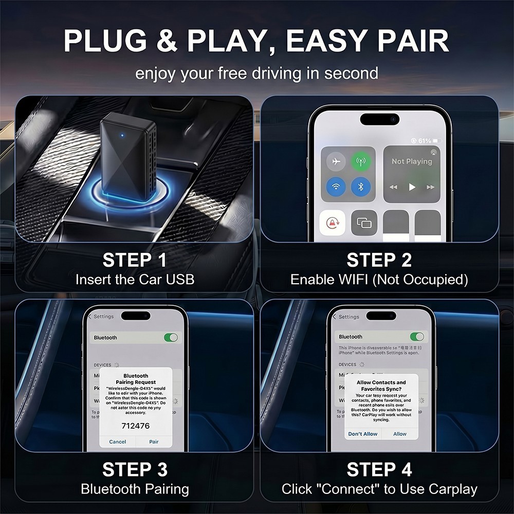 Wireless CarPlay Adapter for Apple iPhone & Android Auto USB Adapter Plug & Play