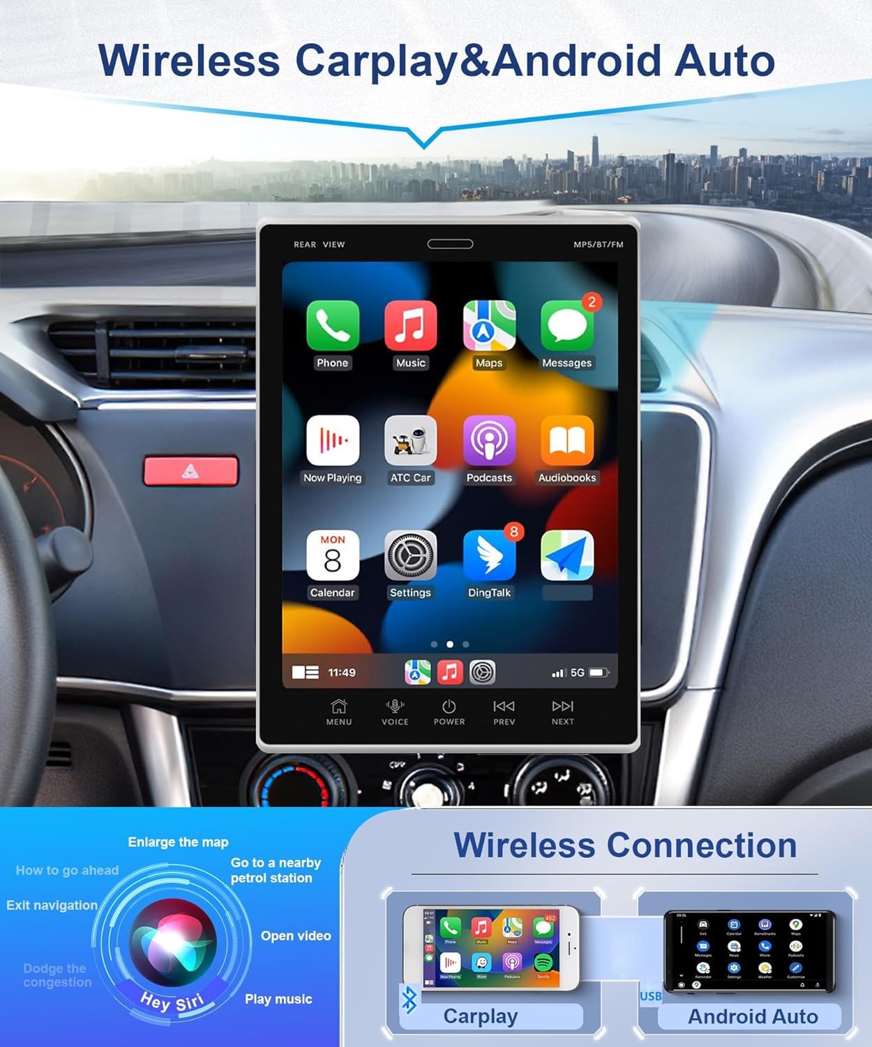 10in Double Din Car Stereo Rotatable Wireless Carplay Android 13 Audio Receiver