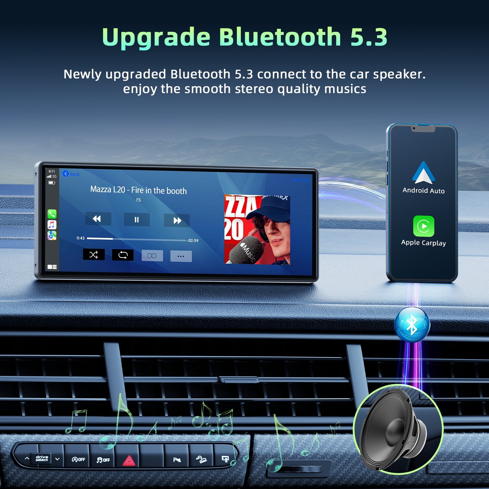 Wireless Carplay Screen for Car, 10.26″ Portable Car Stereo Radio Touch Screen