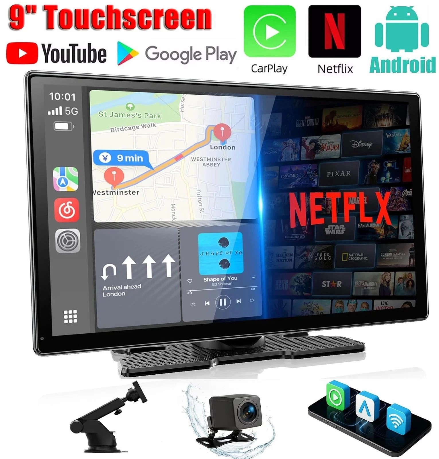 Wireless CarPlay 9″ Touchscreen Android Auto W/ Netflix YouTube TikTok Rear Cam