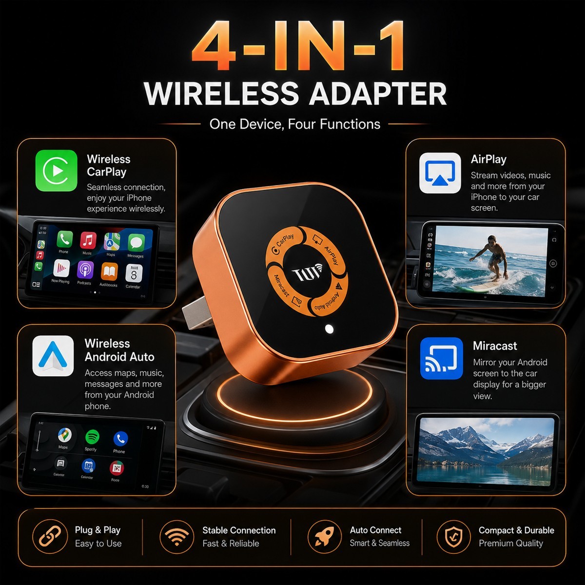 4 in 1 Wireless CarPlay Adapter for Apple iPhone/Android Auto/AirPlay/Miracast