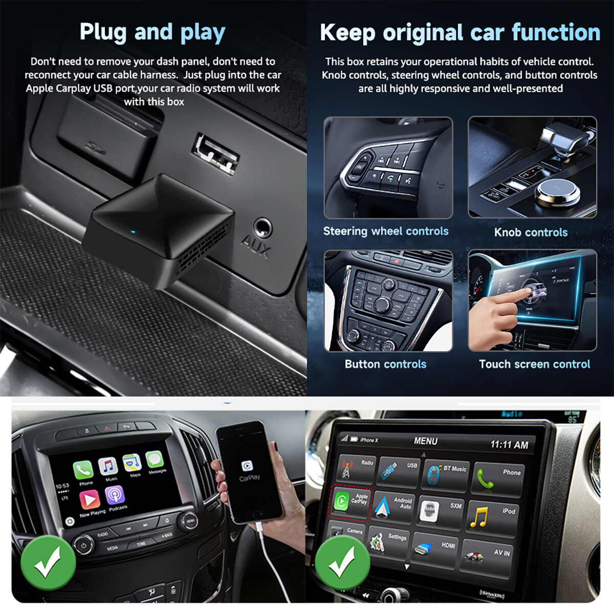 Wireless Carplay Adapter Android Auto Adapter USB Car Dongle Connect Box 2-in-1