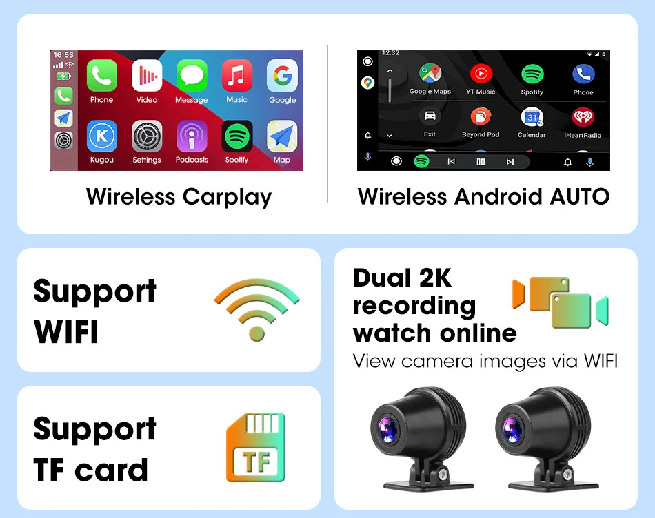 5.5 inch Carplay For Motorcycle 2K HD DVR GPS Navigation Wireless Android Auto