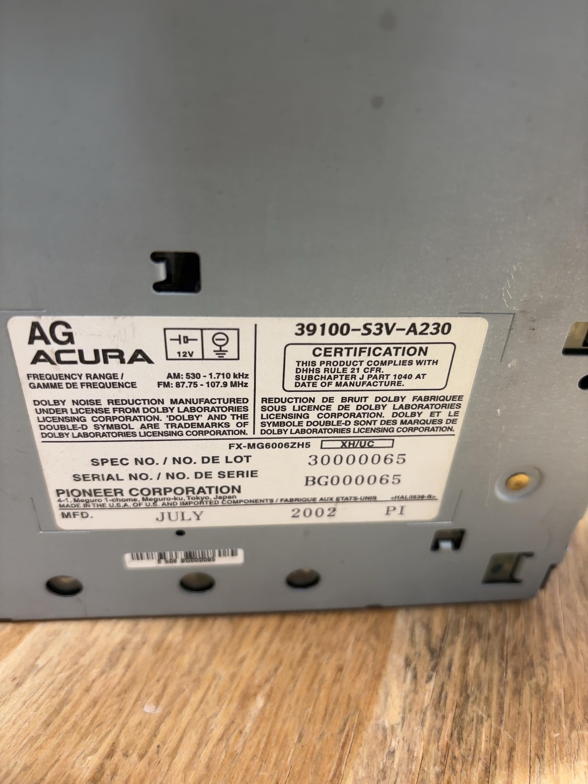 2003 ACURA MDX Audio & Visual Equip. (radio) Check ID For Match – SEE PICTURES