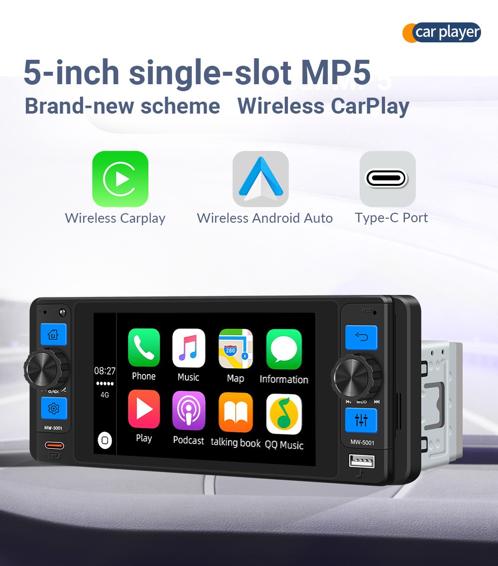Single 1DIN Car Multimedia Player Video USB Type-C Mirror Link W/Remote Control