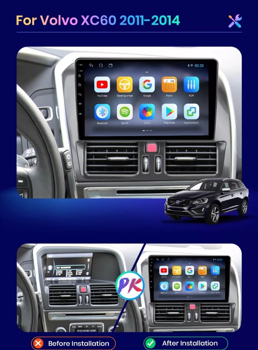 2 DIN 9″ RADIO FOR VOLVO XC60 GPS USB ANDROID BLUETOOTH WI-FI 14/17 CARPLAY