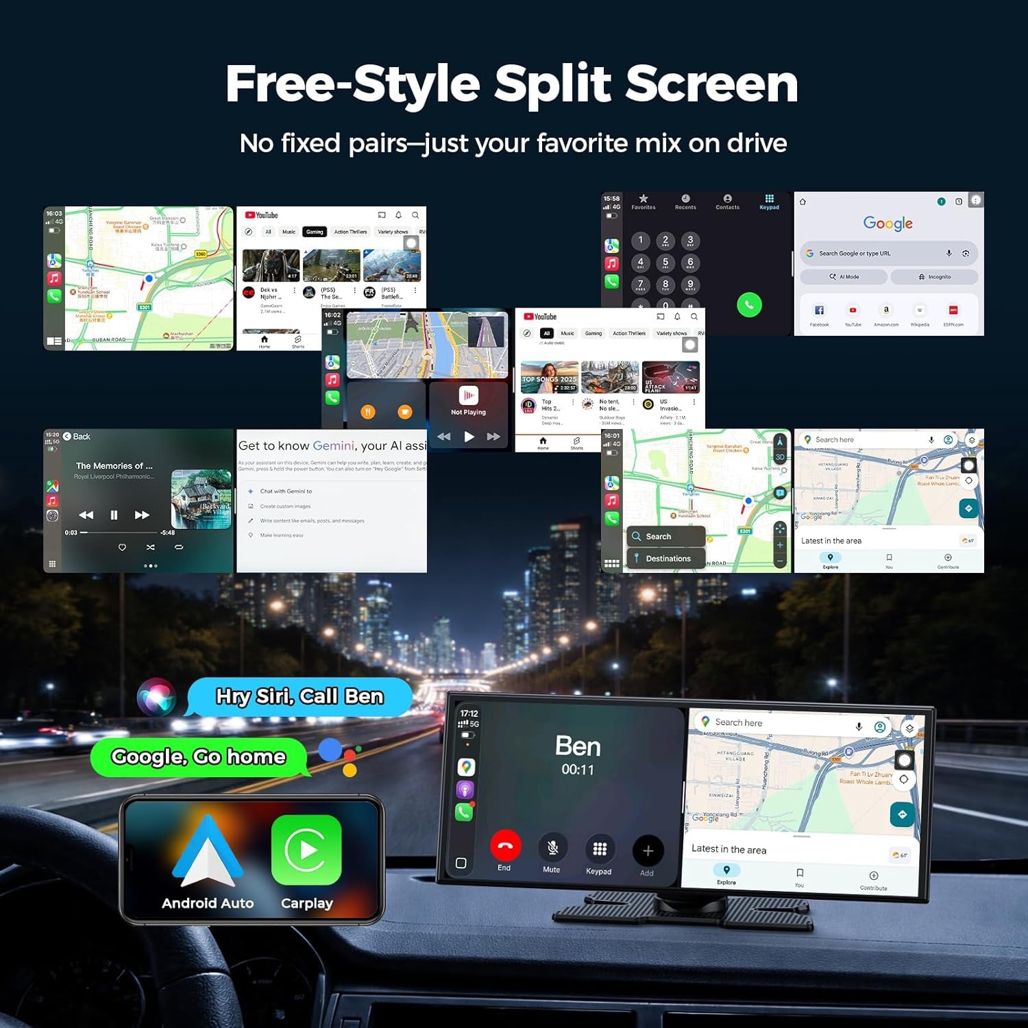 Lamtto 11in Touch Screen Gemini AI Car Wireless Apple CarPlay Android Auto GPS