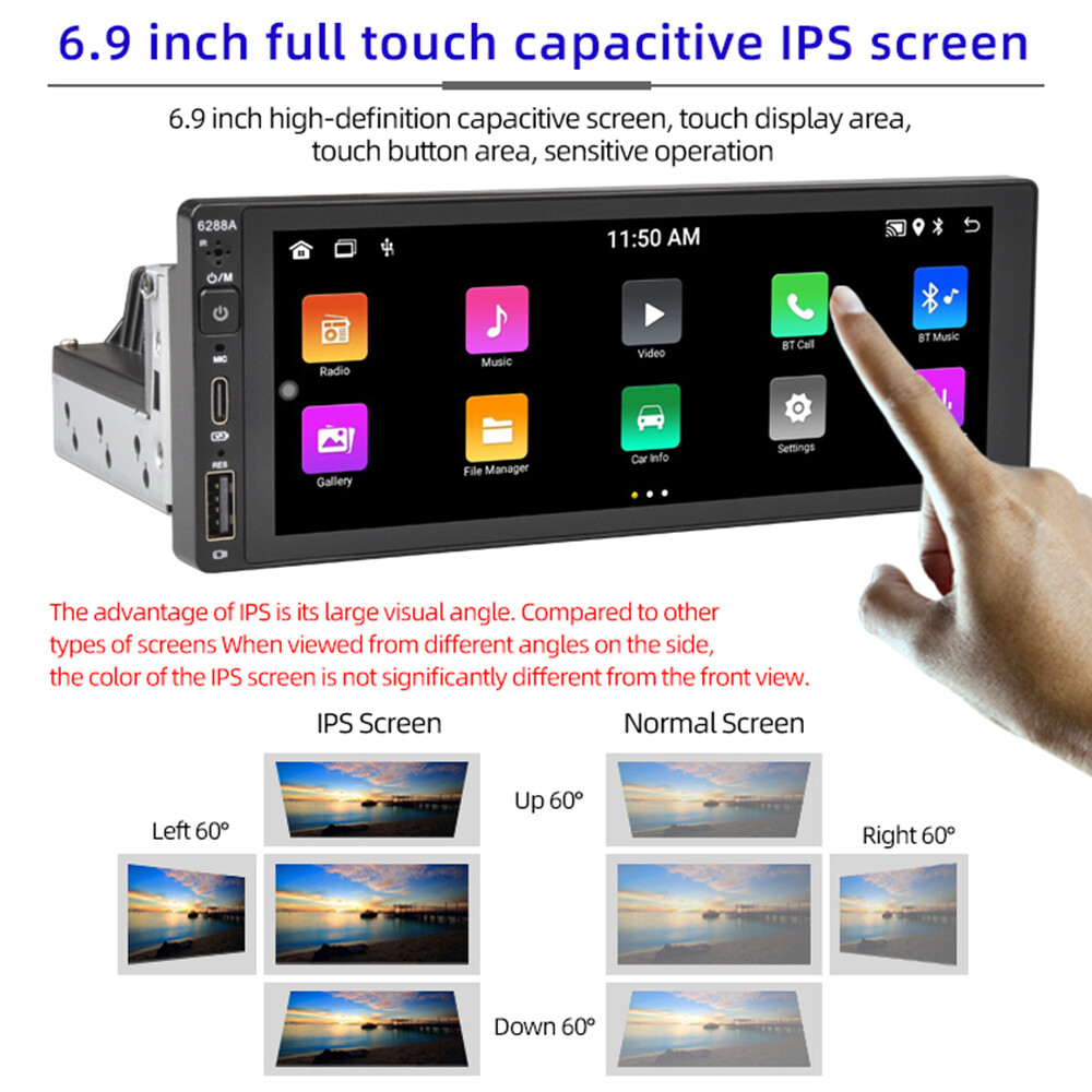 For Wireless Apple Carplay Android Auto 1 Din 6.9″ Car Radio Stereo GPS WIFI FM