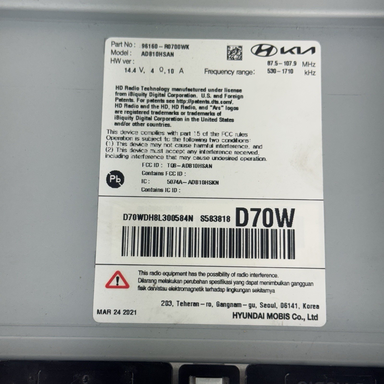 2022 2023 2024 Kia CARNIVAL Radio Receiver US Market 96160-R0700WK OEM
