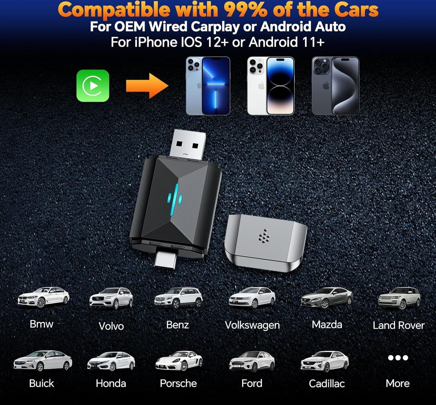 CarPlay Wireless Adapter Mini Plug and Play Wired Cars for iOS Android B1030