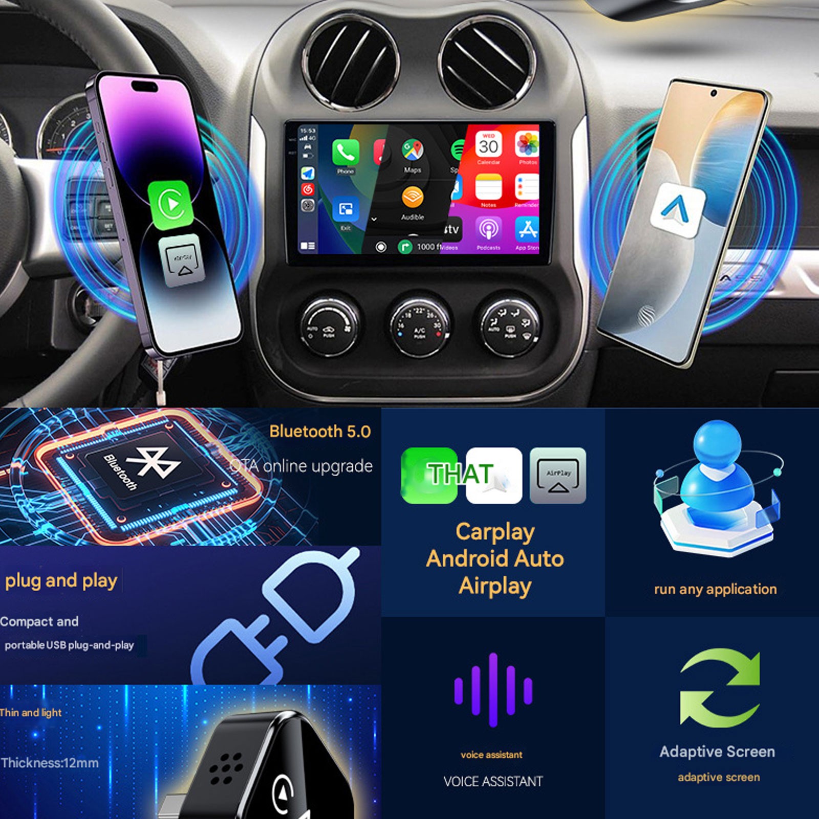Wireless CarPlay Android Auto Mirror Link Adapter BT5.0 USB Plug & Play for Car