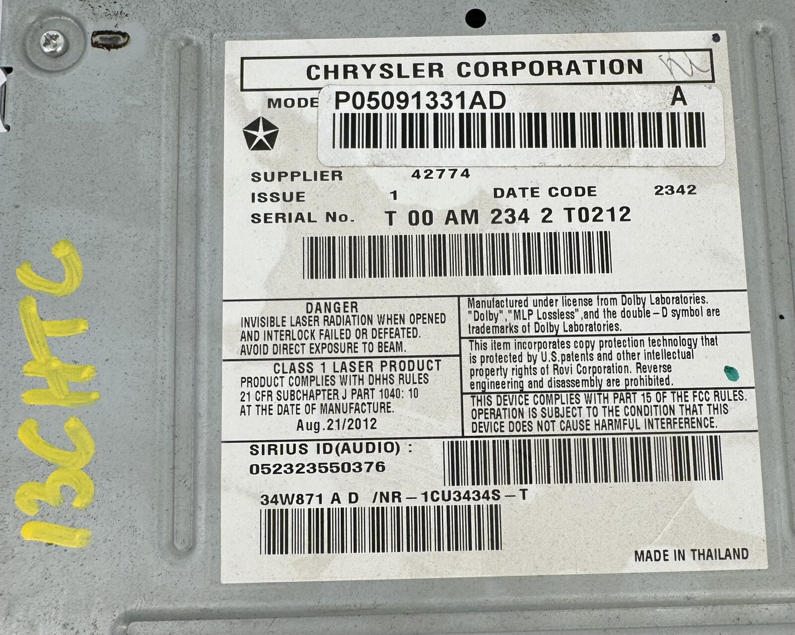 2013 CHRYSLER TOWN & COUNTRY Navigation Radio MP3 AM-FM CD 2012 – 2020 5091331AF