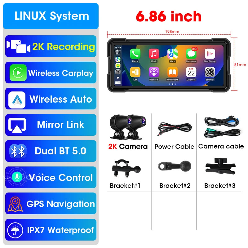 6.86 inch Portable Motorcycle GPS Navigation 2K Camera DVR Wireless Android