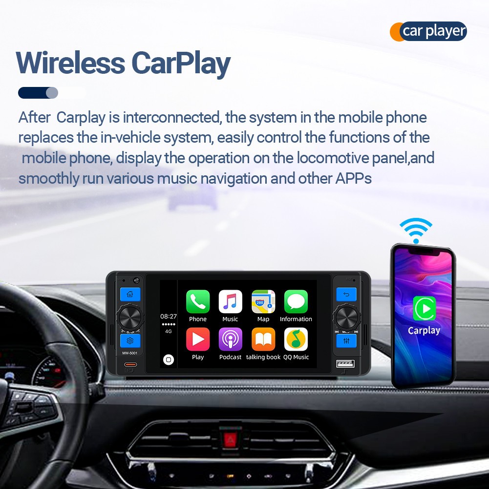 5in Car Stereo Radio Player Touch Screen Bluetooth FM RDS For Wireless Carplay